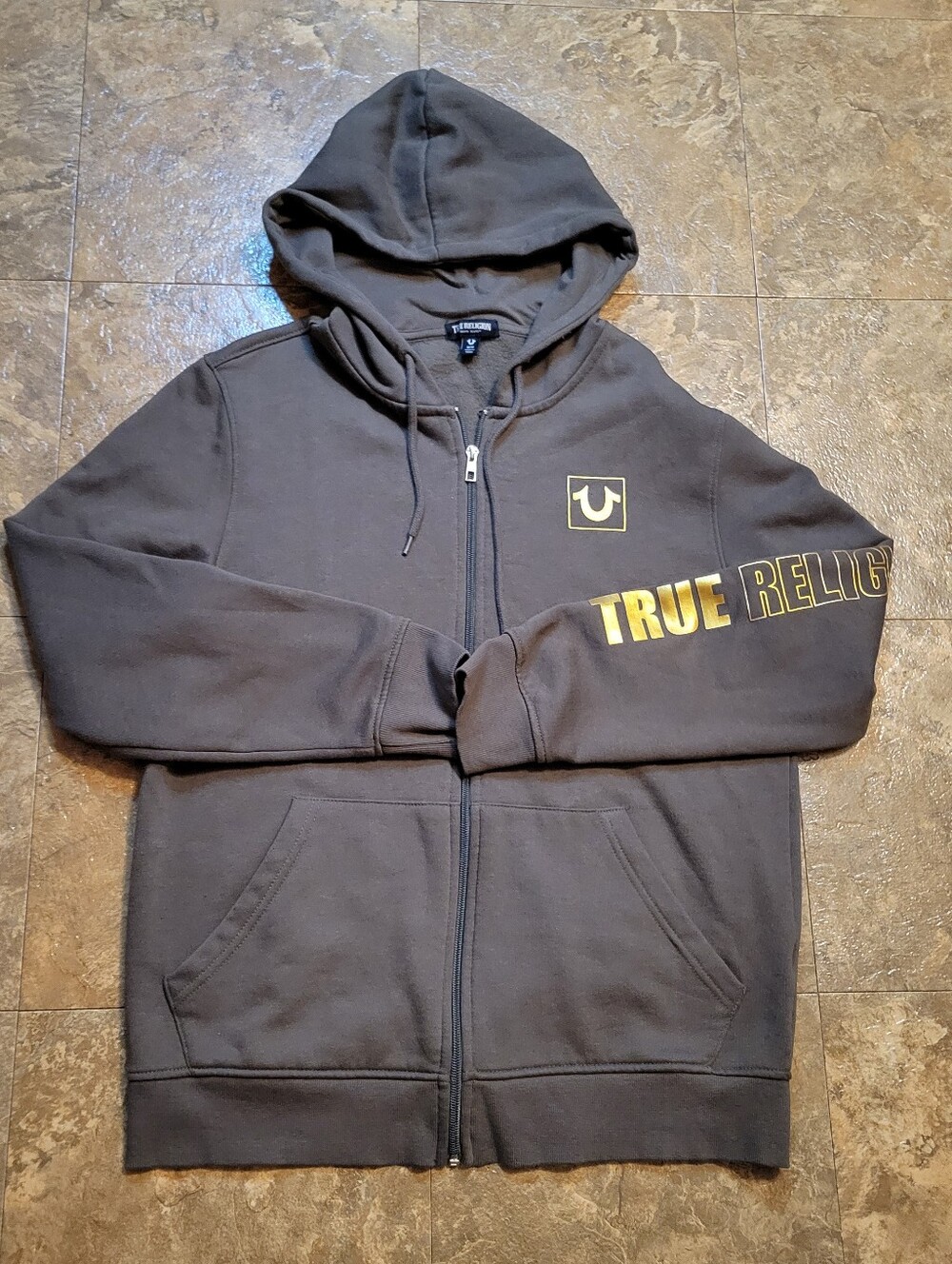 True Religion High Density Logo Zip Hoodie Mens Medium Olive Green Long Sleeve